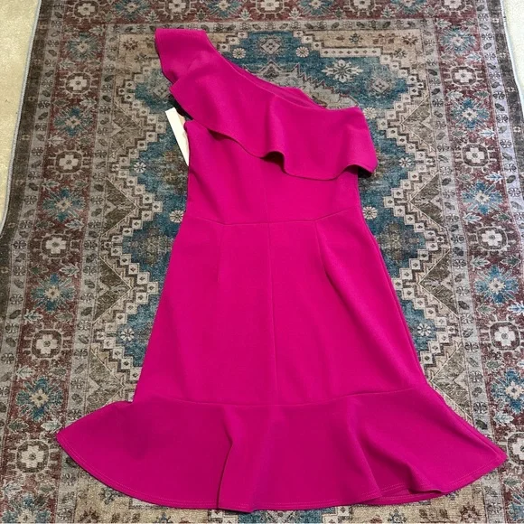 NWT AQUA• Pink Scuba Ruffled One-Shoulder Flounce Sheath Dress XS NEW $88 - Picture 8 of 9